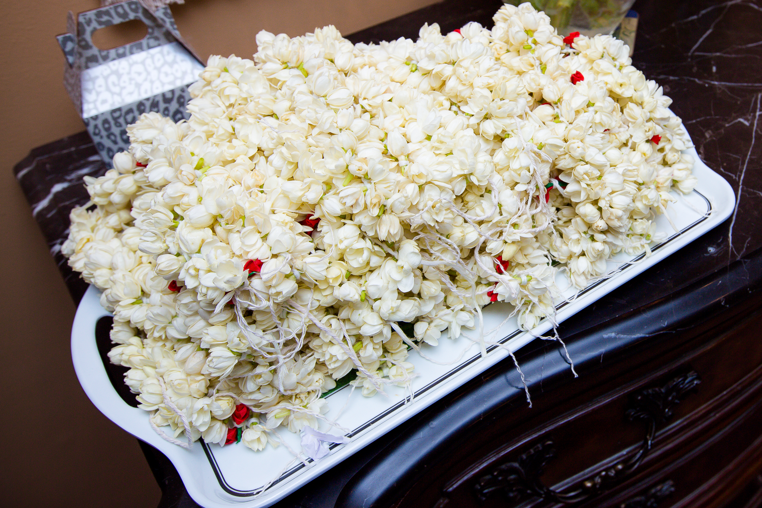 Close-up of jasmine flower garlands prepared for a traditional wedding ceremony